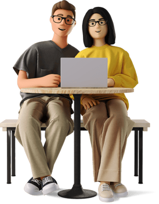 3d business man and woman at table with laptop