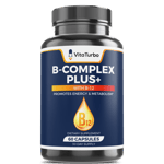 B-Complex Plus with B-12 supplement bottle front view, Vitamin B-Complex capsules with B-12 for energy support B-Complex Plus supplement promoting nerve health​
