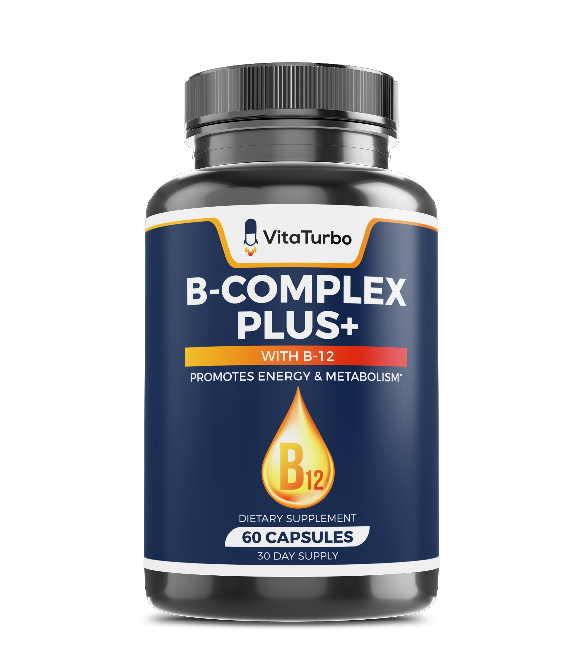 B-Complex Plus with B-12 supplement bottle front view, Vitamin B-Complex capsules with B-12 for energy support B-Complex Plus supplement promoting nerve health​