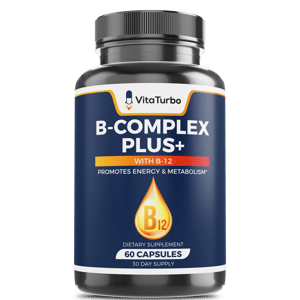 B-Complex Plus with B-12 supplement bottle front view, Vitamin B-Complex capsules with B-12 for energy support B-Complex Plus supplement promoting nerve health​