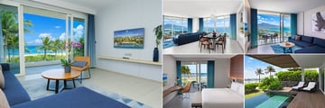 Alma Resort Cam Ranh: Two Bed Terrace Ocean Front Villa (left), Sky Suite (top right), Ocean Front Private Pool Villa (bottom right)