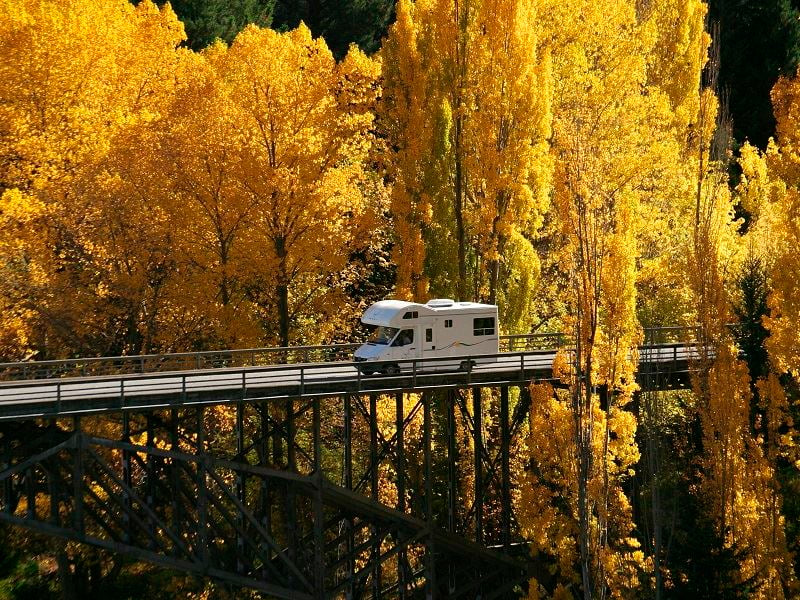 RV driving along road with bright autumnal trees surrounding