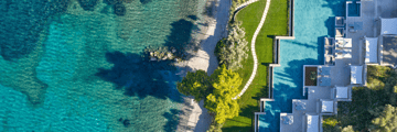Aerial beach and pool views