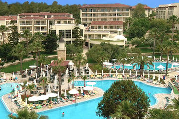 Aerial view of hotel with pool