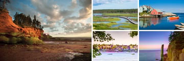 Burntcoat National Park NS, Prince Edward Island National Park, Boats at Peggy's Cove NS, Cliff Rock Bay of Fundy NS, Colourful houses of Lunenburg NS (shown clockwise)