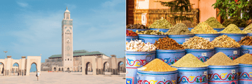 Mosque Hassan II in Casablanca and traditional array of local herbs and spices