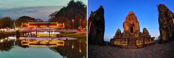 Highlights fo Vietnam and Cambodia: Siem Reap River at night, Ancient Angkor Wat Temple 