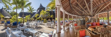 Outdoor bar seating area with palm trees