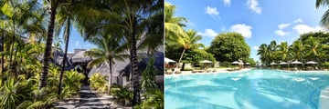 Pool area in a resort with garden area on the left