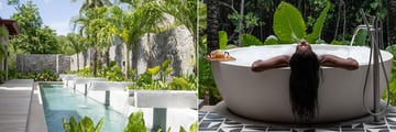 Spa area and woman in a hot tub
