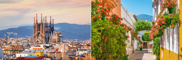 Barcelona skyline, the colourful streets of Malaga