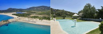 Beach and pool at the Chia Laguna Holiday Village 