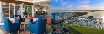 Hotel lobby and aerial views of hotel