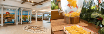 Hotel lobby and food on offer at hotel restaurant