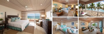 Curtain Bluff (clockwise from left): Deluxe Beachfront, Junior Suite Ocean View inside and balcony, Cliff Suite living area and bedroom