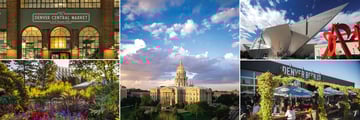 Clockwise: Grand Central Market, Colorado Capitol Building, Denver Art Museum, Denver Beer Company, Denver Botanical Garden