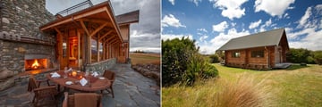 Outdoor dining and private log cabins at Fiordland Lodge