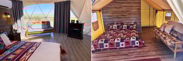 Grand Canyon Glamping Resort, (left) inside the Stargazer Dome, (right) inside Glamping Tent both with King bed and Futon