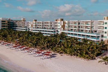 Aerial view of resort with beach