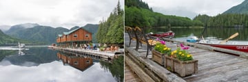 Great Bear Lodge, Lodge Exterior and Sea Plane and Summer Flowers on the Deck