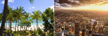 Hawaii coast and Los Angeles skyline