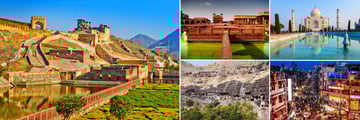 Heritage of India; Amber Fort, Fatehpur Sikri, Taj Mahal, Main Bazar Old Delhi at night, Ajanta Caves Aurangabad India  