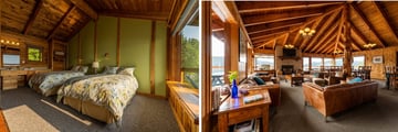 Bedroom and communal lounge at Farewell Harbour Lodge