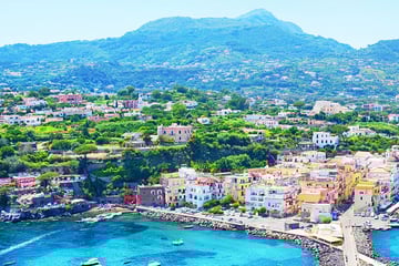 Aerial view of Ischia in Italy, with the sea in the foreground