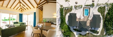 Indoor living area and birdseye view of a resort villa