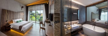 Deluxe room and bathroom in a resort