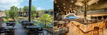 Indoor and outdoor seating areas in a restaurant