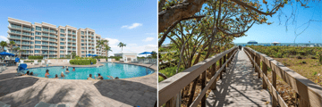 Pool area and boardwalk at a hotel