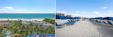 Beach area with loungers and aerial view of a resort