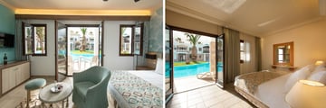 Bedrooms with open double doors to the pool