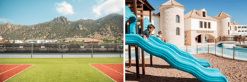 Tennis court, playground with slides