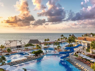 Aerial view of hotel and pool area