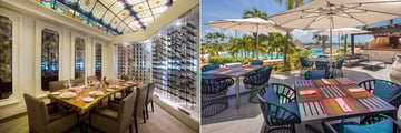Poolside pizzeria and indoor seating area at two restaurants in a resort