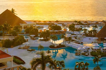 Aerial view of pool area at sunset