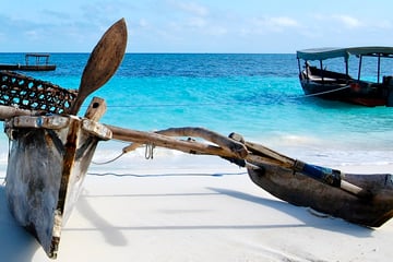 Outrigger Canoe on the white sandy beaches of Zanzibar
