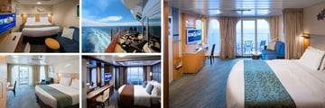 Royal Caribbean Oasis of the Seas Rooms (clockwise) AO Interior, AT Suite Balcony, AO Family Ocean View, AO Family Master Suite, AO Central Park View