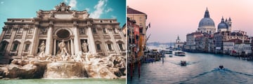 Trevi Fountain in Rome and Venice Canals, Italy