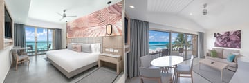 Bed and lounge areas in a hotel suite