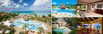 Sandals Grande Antigua; Main pool aerial view, Main Pool view to ocean, Caribbean Honemoon beachfront Grande Luxe Club level Room, Dining Ok Corral, Honeymoon Butler Rondaval with Private Pool 