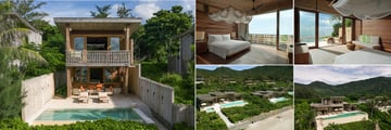 Six Senses Con Dao Rooms (clockwise): Ocean View Duplex Pool Villa, Ocean View Two Bed Family Pool Villa, Beachfront Deluxe Pool Villa, Ocean View Four Bed Pool Villa & Beachfront Three Bed Pool Villa