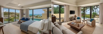 Bedroom of a hotel suite and living area