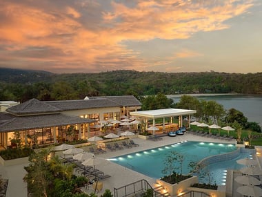 Hotel pool area at sunset