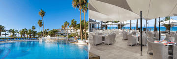 Main pool, main restaurant outdoor seating at Sol Lanzarote