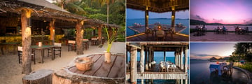 Song Saa Private Island Dining: Driftwood Beach Bar (left), Vista Restaurant (middle), Destination Dining (right)