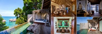 Song Saa Private Island Rooms: One Bedroom Jungle (left and centre) and One Bedroom Overwater Villas (right)