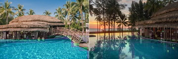 Swim up bar and restaurant at sunset 